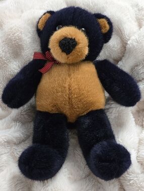 Dakin Black and Tan Plush Teddy Bear with Red Check Ribbon